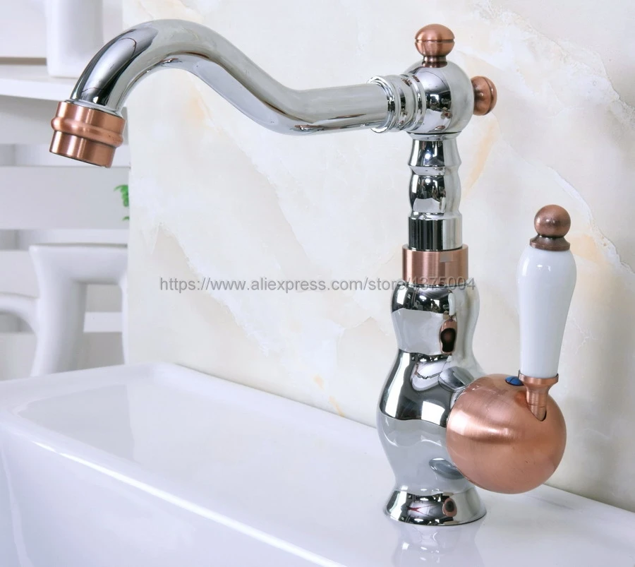 

Deck Mounted Single Ceramic Handle Bathroom Sink Mixer Faucet Polished Chrome And Red Copper Hot and Cold Water Mixer Tap Nnf913