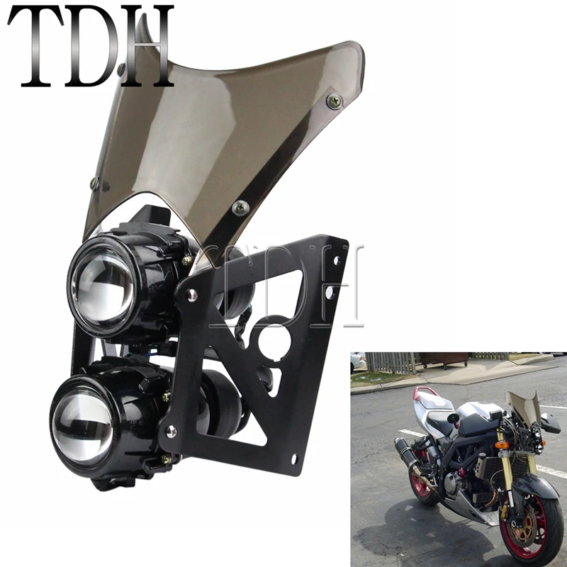 

Motorcycle Universal Twin Stacked Projector Headlight With Black Brackets Windscreen Street Motor Dual Sport For Honda Kawasaki