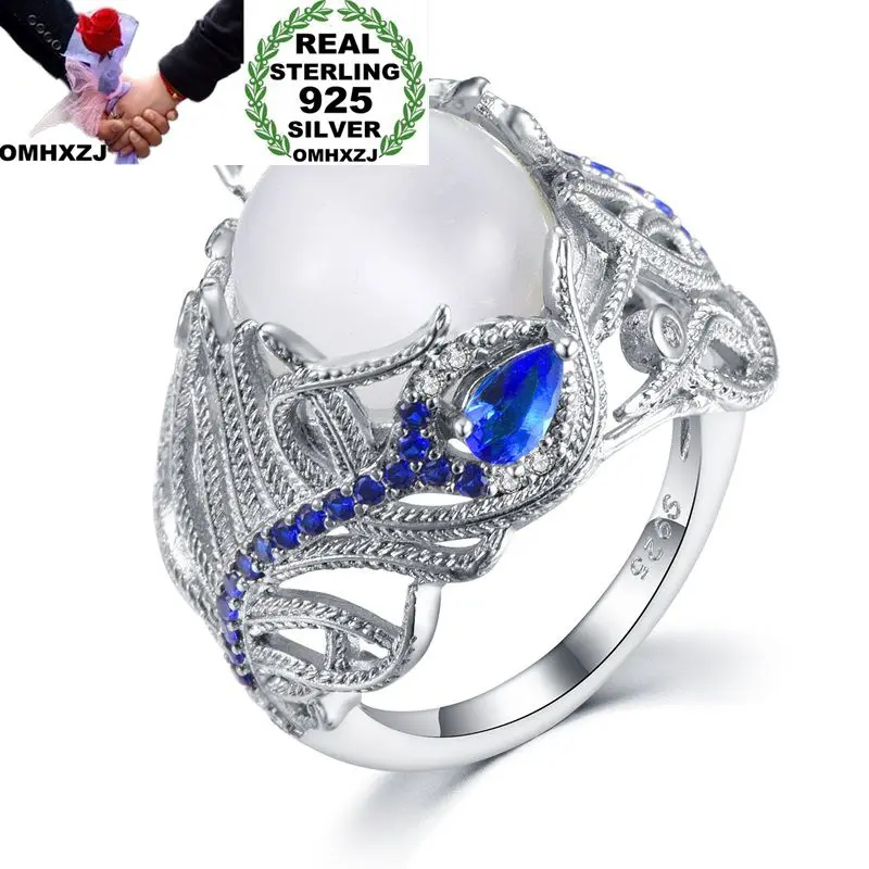 

OMHXZJ Wholesale European Fashion Woman Man Party Wedding Gift White Blue Moonstone AAA Zircon S925 Sterling Silver Ring RR299