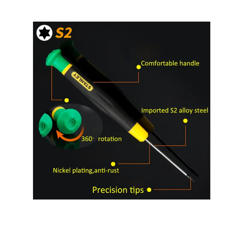 Stanley-mini parafusadeira de precisão, 1 peça, micro torx, t4, t5, t6, t7, t8 t9, t10, topo rotativo, sem furo, s2, liga de aço