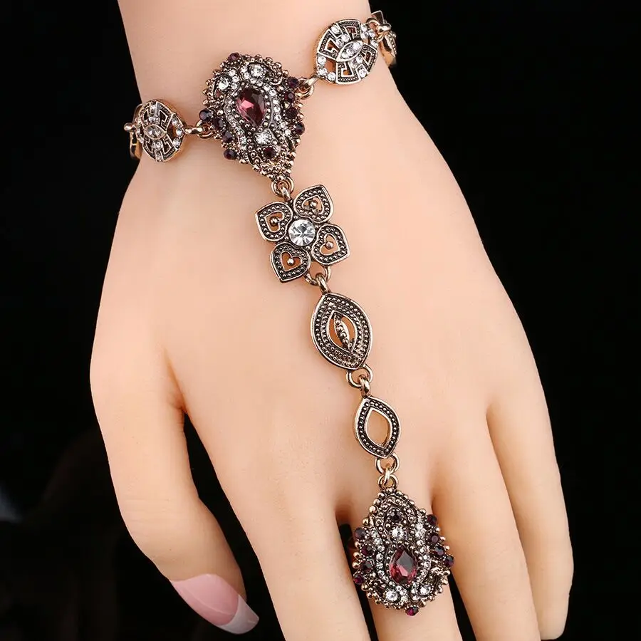 2018 Ethnic Purple Stone Crystal Finger Ring Bracelet Indian Jewelry Antique Gold Bracelets For Women Vintage Accessories