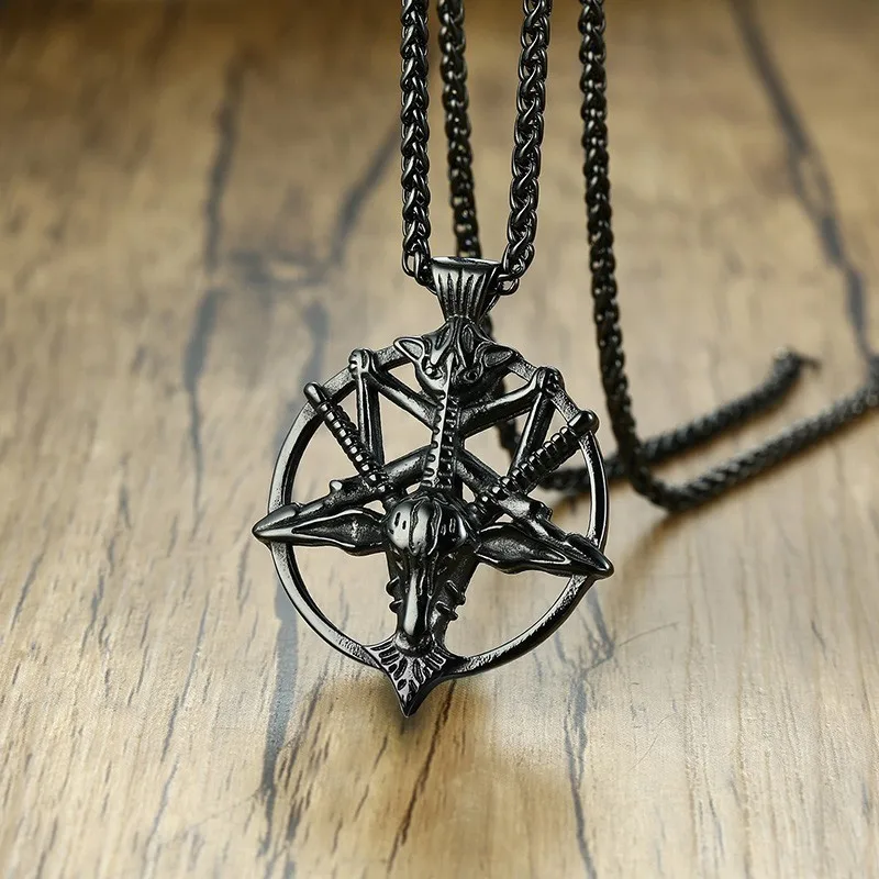 Stylish Devil Satan Goat Head Pendant Necklaces for Men Semon Pentagram Black Stainless Steel Rock Punk Collar with 24