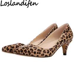 LOSLANDIFEN Brand Women Pumps Low Heel Leopard Print PU Leather Shallow Mouth Heels 6cm Print Clubwear Shoes Plus Size 35-42