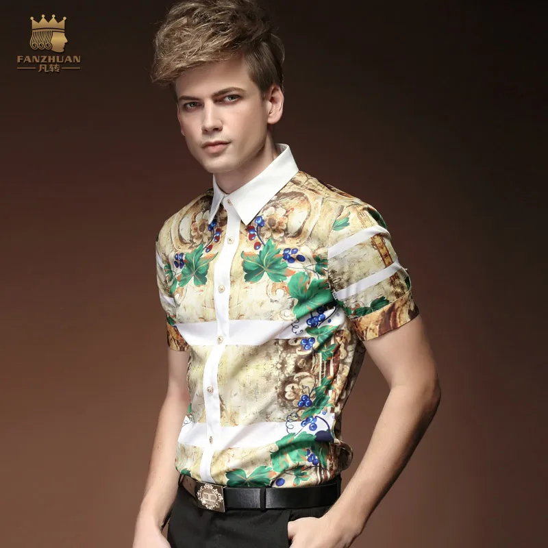 

FanZhuan Free Shipping New fashion casual male men's personality summer short sleeve printed shirt slim design 15305 blouse