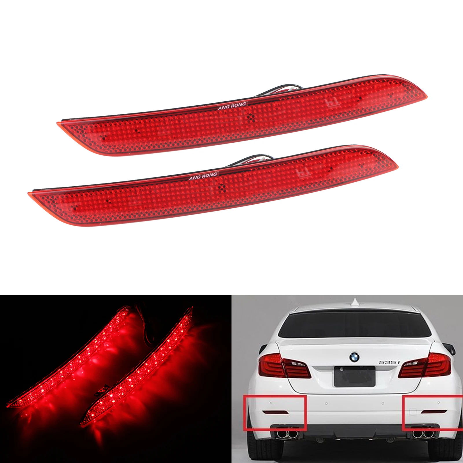 

ANGRONG 2x Red LED Rear Bumper Reflector Whit Red Lens Brake Stop Reverse Light For BMW 5-Series F10 F11 F18