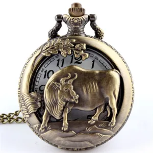 Hot Dropshipping Bronze Cow OX Hollow Quartz Pocket Watch Necklace Pendant  Chinese Zodiac 12 Carving Back Womens Men GIft P251