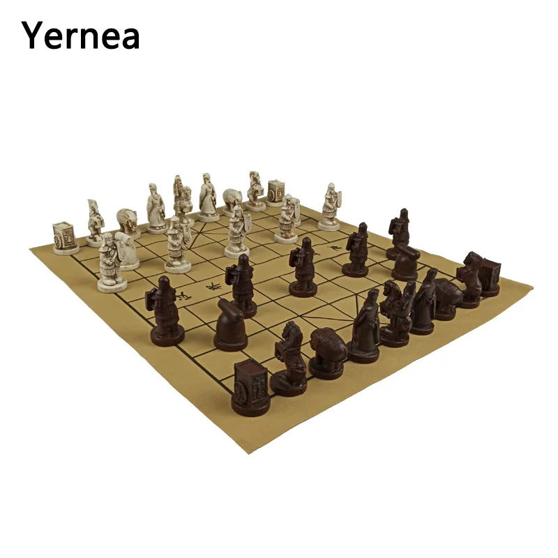 Yernea New Traditional Chinese Chess Game Set Resin Chess Pieces Suede Leather Chessboard High-quality Chess Board Game Retro