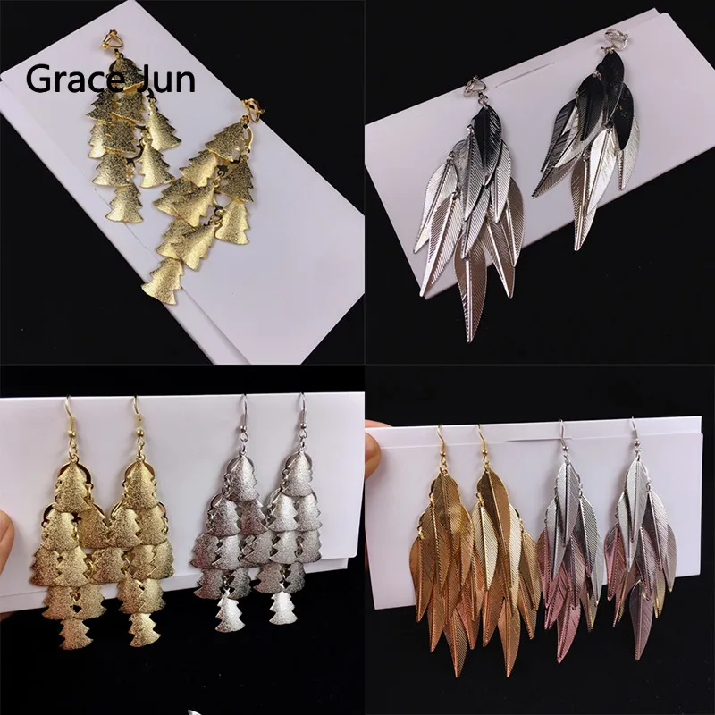 Grace Jun  New Style Vintage Fashion Tree Leaf Clip on Earrings and Pierced Earrings for Women Party Wedding Elegant Earring