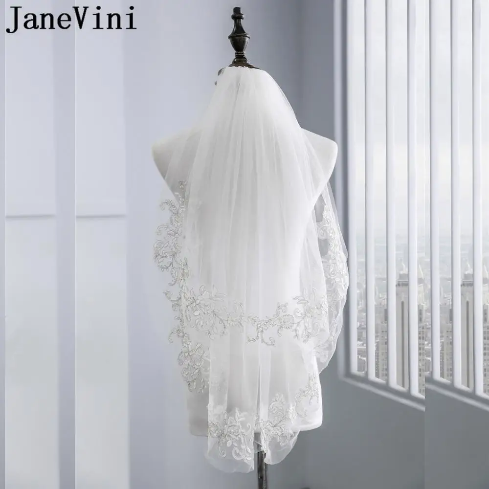 JaneVini 2019 الدانتيل Appliqued الديكور العروس الحجاب 2-طبقة قصيرة الزفاف الحجاب مع مشط المرأة الأبيض العاج اللؤلؤ تول الزفاف الحجاب velo tul