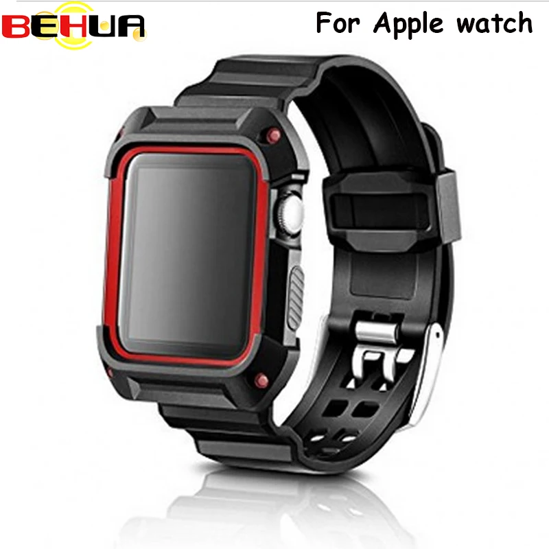 

2in1 For Apple Smart Watch Band with Case Frame Sport Shockproof Soft Protective Cover with TPU Rubber Bracelet Strap 38mm 42mm