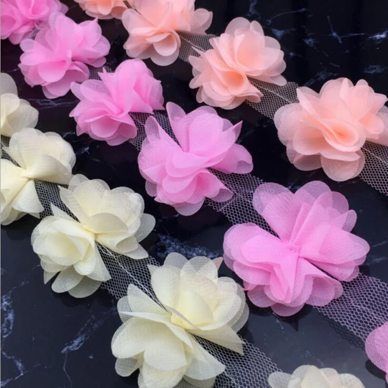 1 YD Multicolor Flowers 3D Petals Chiffon Leaves Trim Wedding Dress Bridal Lace Fabric Doll Children\'s Clothing Applique Sewing