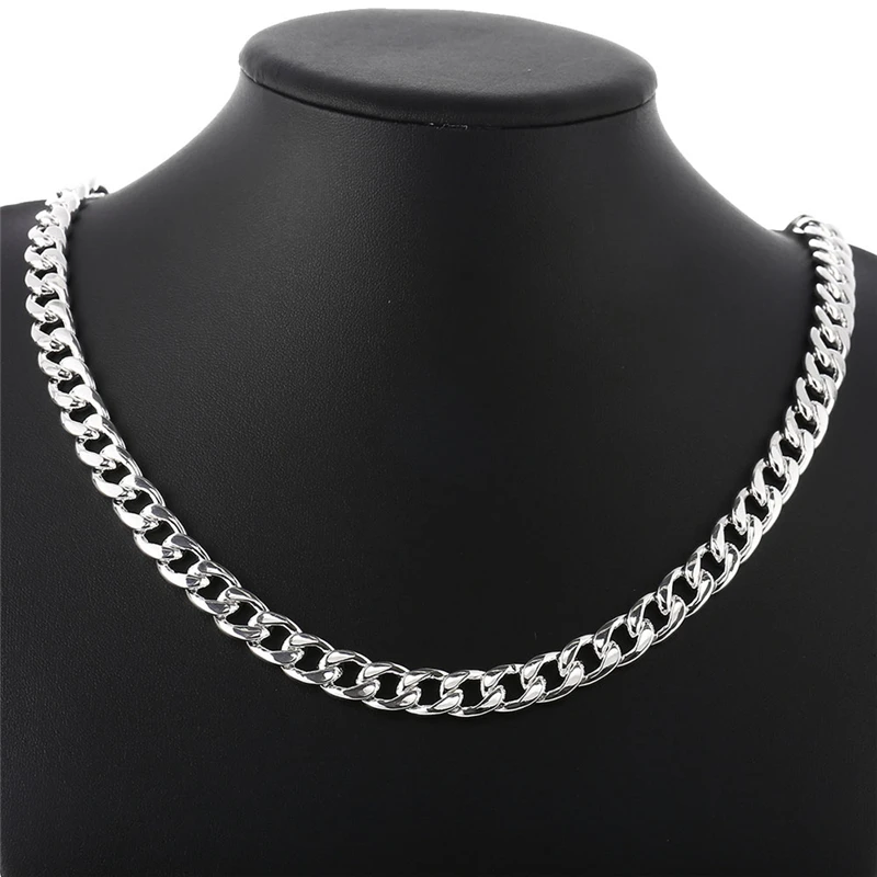 DOTEFFIL 925 Sterling Silver 10mm 20/22/24 inch Sideways chain Necklace For Men Fashion Party Domineering Jewelry