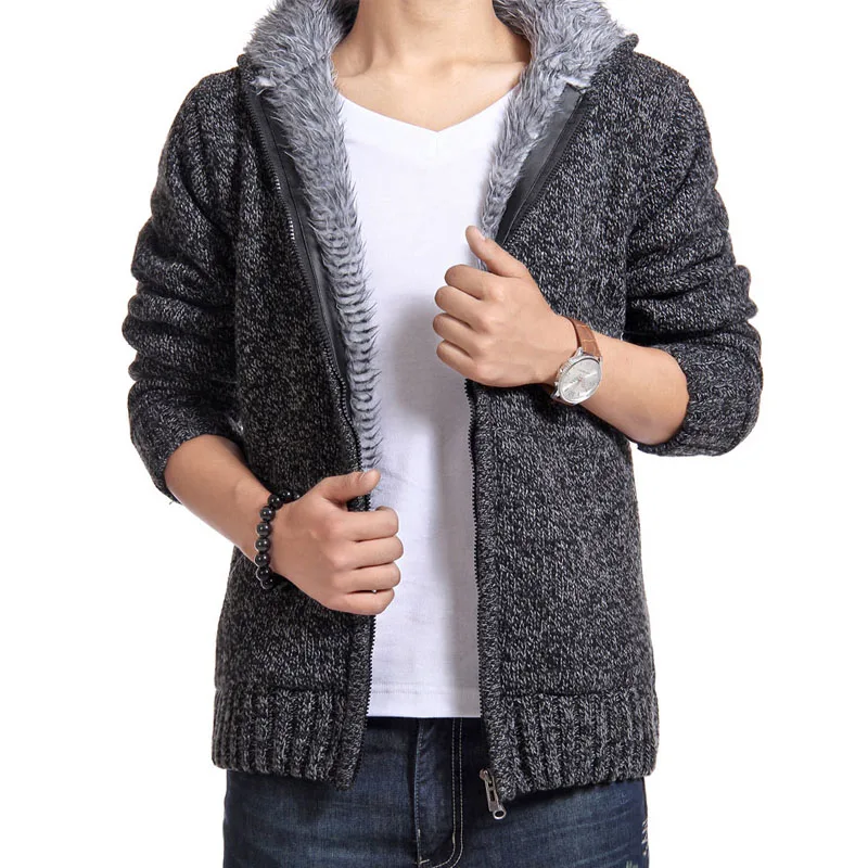 

Winter Man Sweater Casual Mens cardigan British thick Fur Lining Warm Fleece sweaters 0uterwear Brand New Male Hooded Sweaters