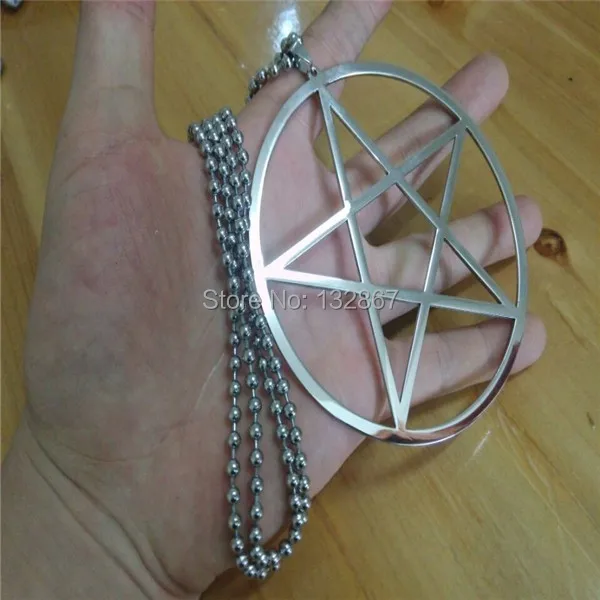 Super Large Stainless Steel   pentagram satanic symbol Satan worship Pendant Necklace 100mm with 24\'\' ball chain