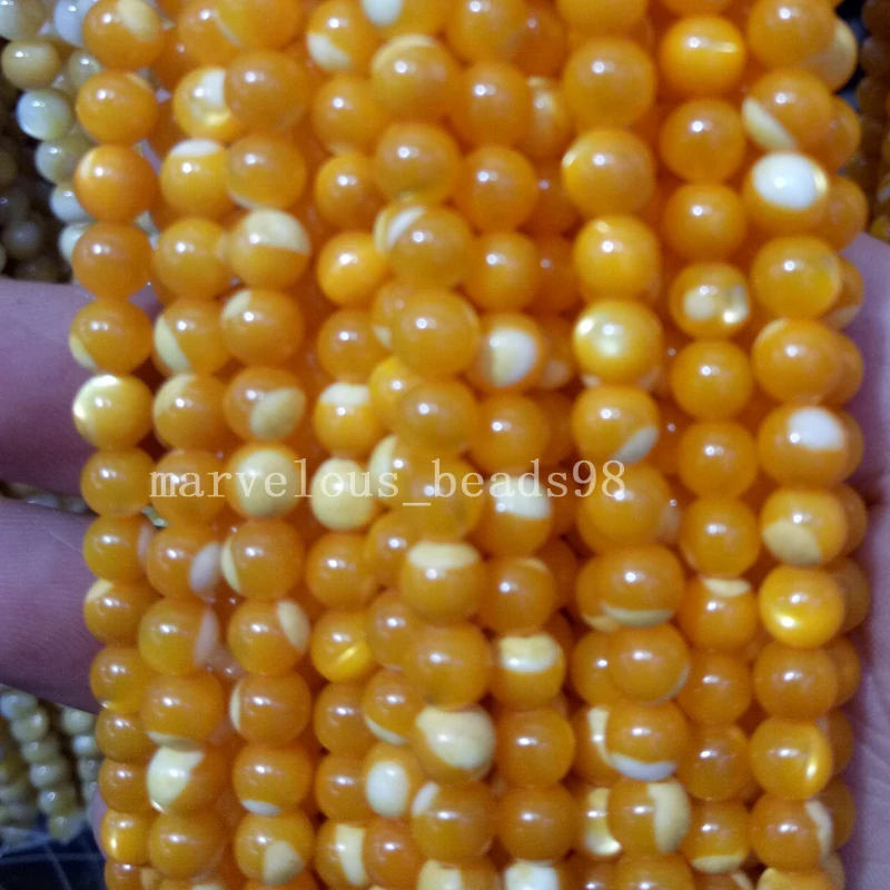 Fashion Jewelry 4mm Yellow Mother of pearl Shell Round  Art Loose Beads L 15.5