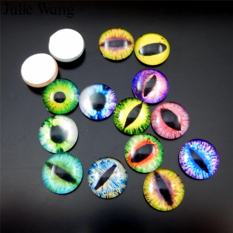 Julie Wang 30pcs 12mm Glass Round Dragon Lizard Frog Vivid Eyes Cabochons For Necklace Pendant Earrings Jewelry Making Accessory