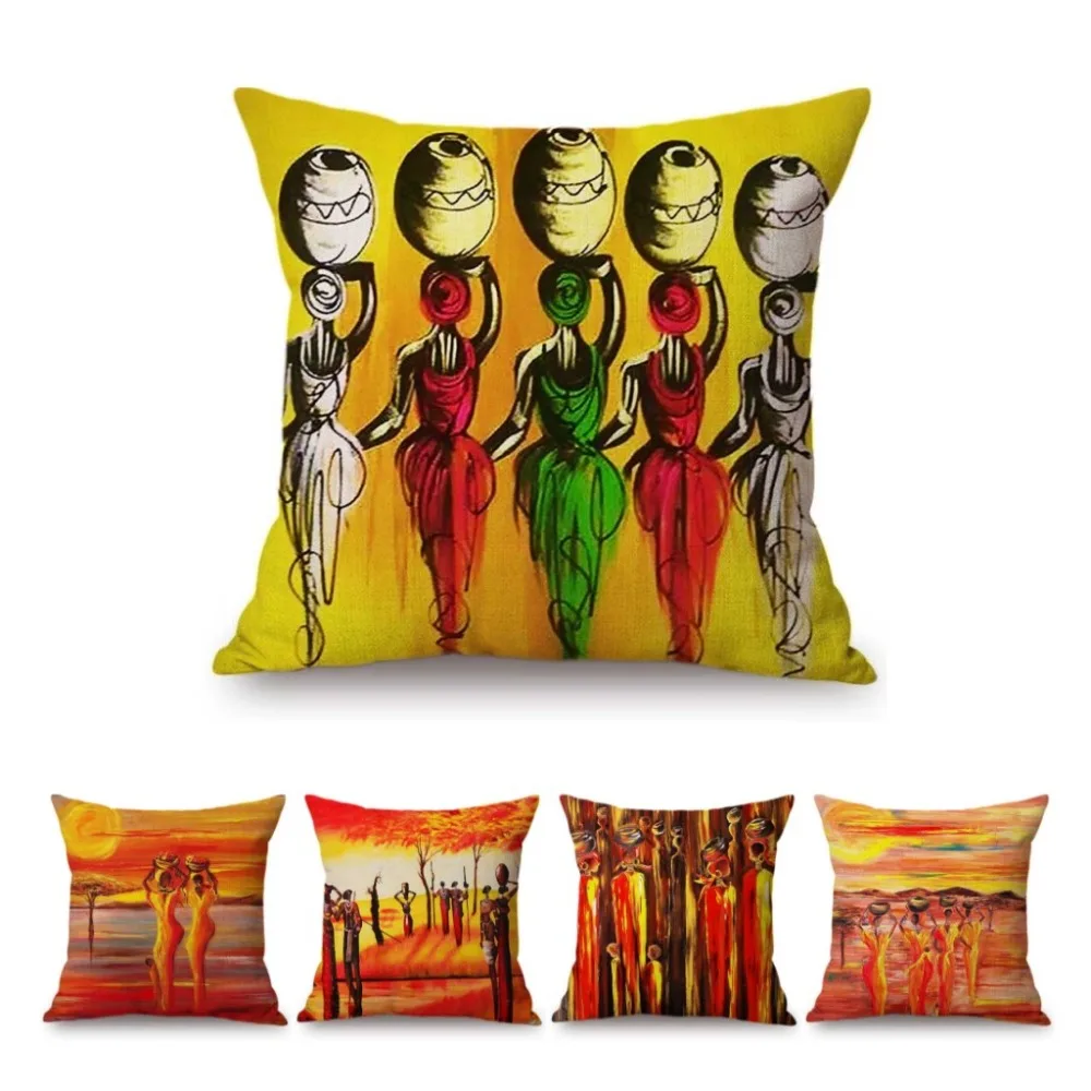 Fashion Africa Abstract African Women Oil Painting Home Sofa Decorative Pillow Bright Impressionist Art Painting Cushion Cover