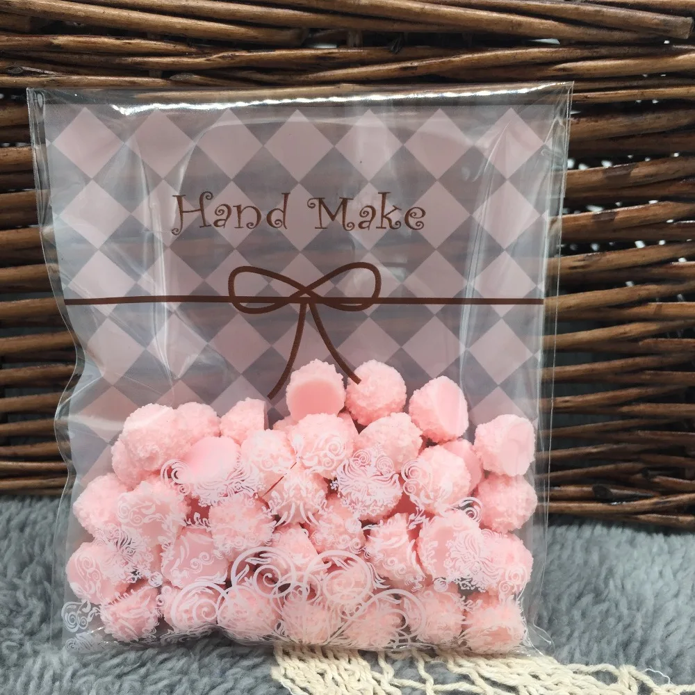 10cm*10cm 50Pcs Pink Bowknot Hand Made Cookie Self Adhesive Plastic Packing Bags Biscuit Cupcake Baked Food Package