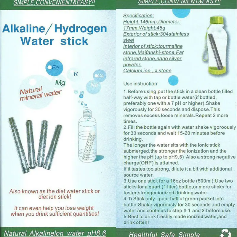 Pack 20pcs/Lot Health Ion Alkaline Hydrogen Water Purifier Stick pH Ionizer perfect portable water ionizer for outdoor use