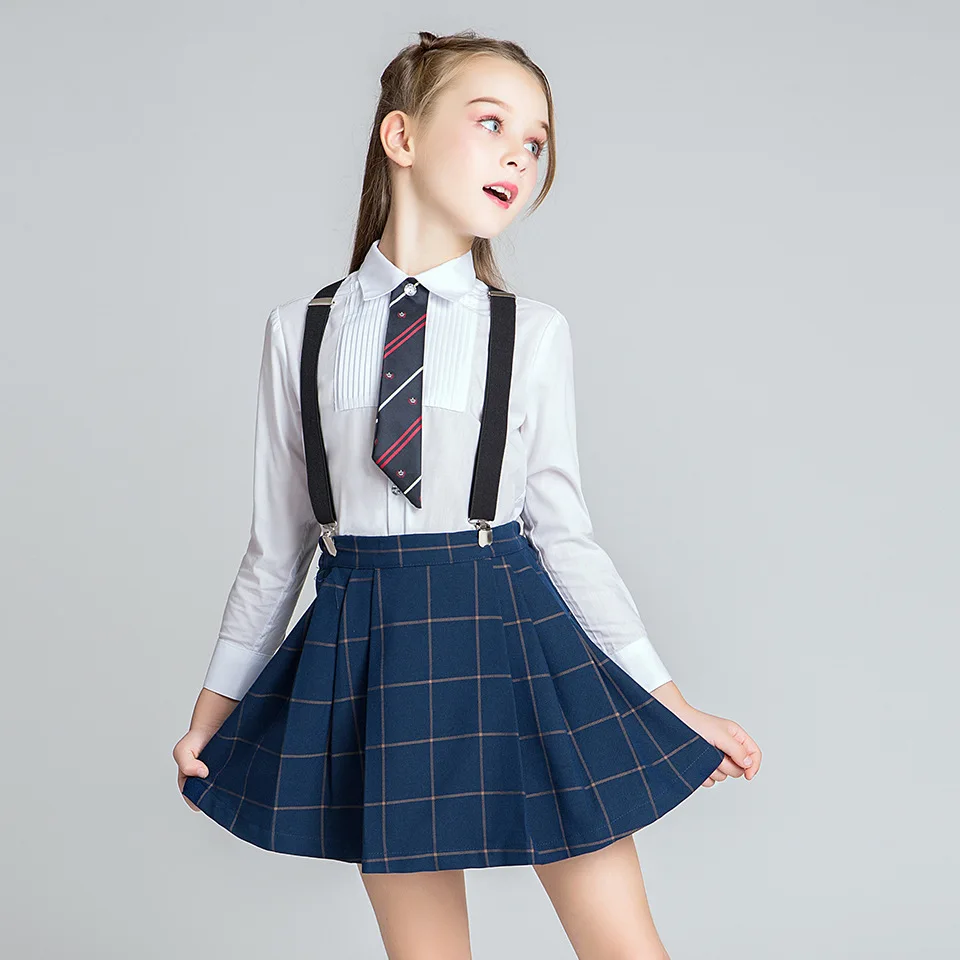 School Girls Uniform Clothes Set White Shirts Mini Vestido Chorus Stage Girls Clothes For 2 3 4 6 8 10 12 14 Years Old RKS185002