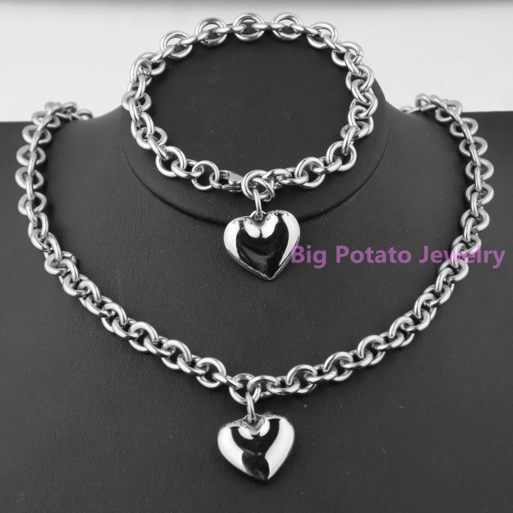 High Quality Enchantment Women Jewelry Sets 316L Stainless Steel Silver Color Hearts Bracelet&Necklace Chain 5MM*45CM/20.5CM