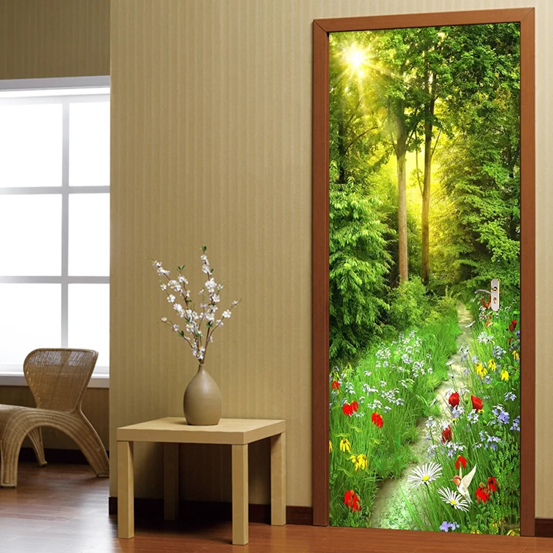 

Green Forest Plant Landscape Door Sticker Living Room Kitchen Waterproof PVC Wallpaper Home Decor Poster 3D Door Wall Stickers