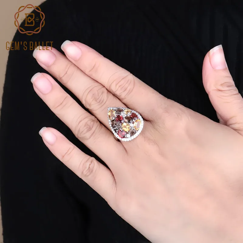 Gem's Ballet Multicolor Natural Garnet Citrine Smoky Quartz Gemstone Rings 925 Sterling Silver Cocktail Ring For Women Jewelry