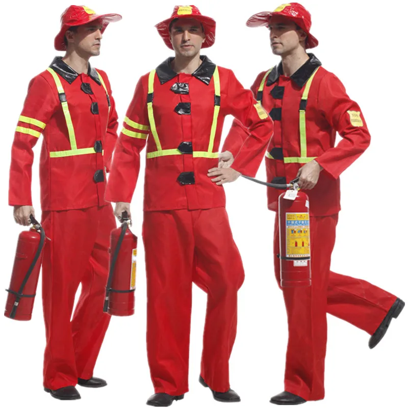 Red Adult Men Fireman Costume Christmas Carnival Halloween Masquerade Party Fancy Dress Firefighter Fire Fighter Cosplay Clothes