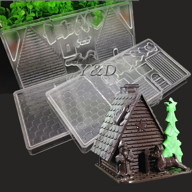 For Christmas Decoration Gift Polycarbonate PC Hard Plastic Xmas Candy House Mould With Santa Claus Deer Tree Chocolate Molds