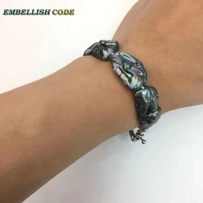 NEW irregular Rectangle shape real freshwater pearl bracelet fine jewelry color dark green with black few brown color for women