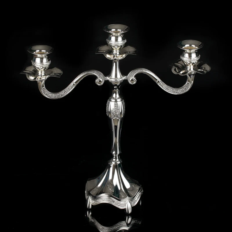 European Style Shiny Silver Plating Smooth Surface Home Decor Tabletop Metal Alloy 3 Pieces Stick Candle Holders