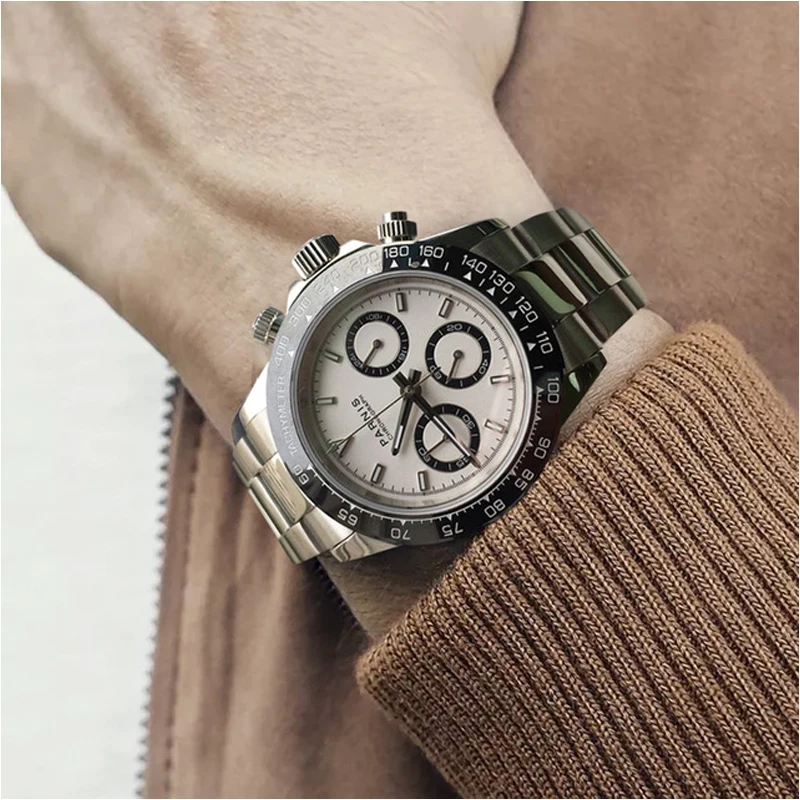 Luxury Parnis 39mm Silver Case Quartz Chronograph Watches Men Waterproof Sapphire Crystal Men\'s Wristwatches Relogio Masculino