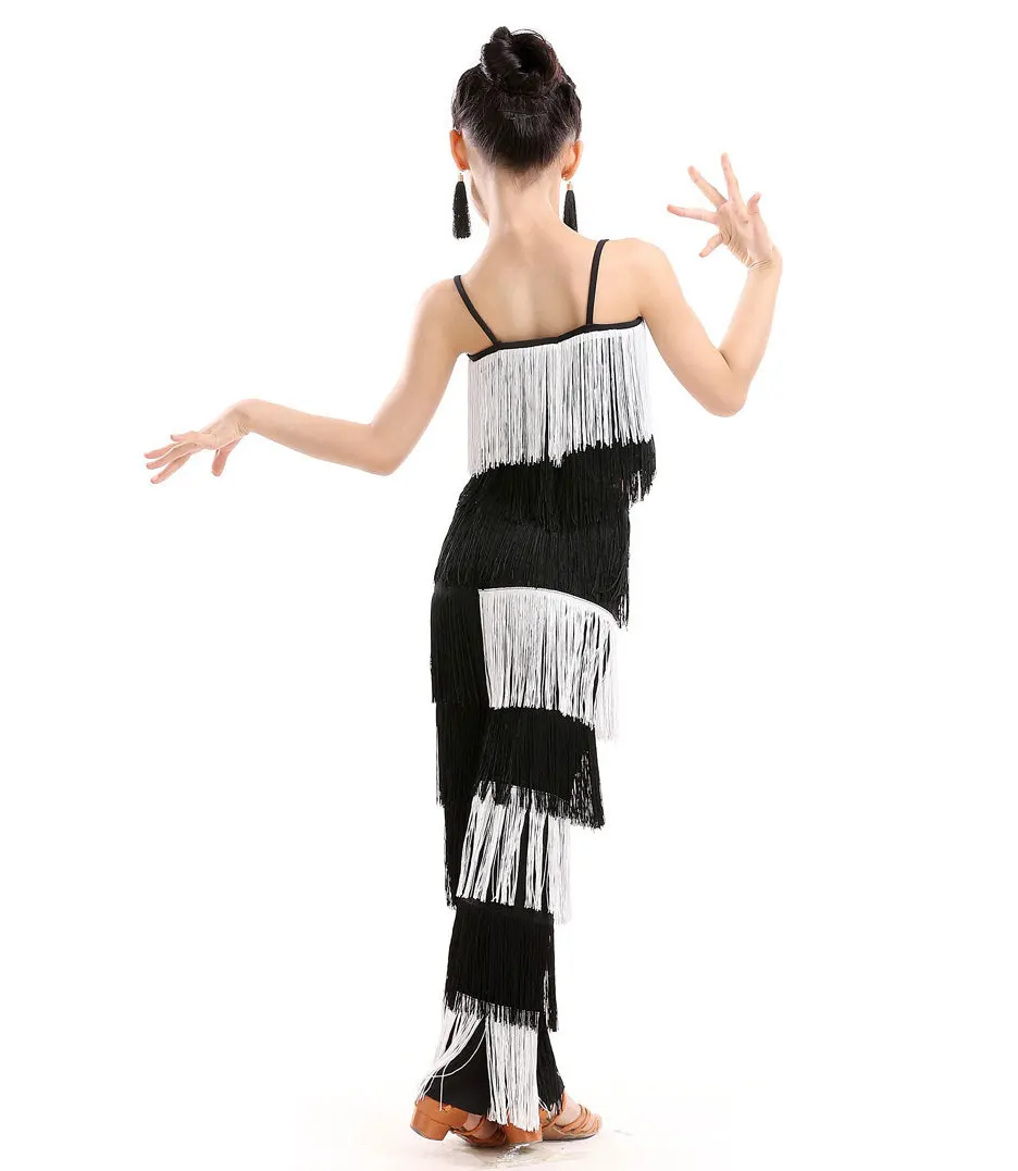 Nieuwe Kinderen Bachata Latin Dans Kostuums Meisjes Ballroom Tango Salsa Latin Danswedstrijd Kostuum Fringe Broek Tops