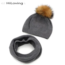 GZHilovingL New Winter Soft Cotton Scarf Hat Set Kids Boys Girls Fur Pompom knitted Beanie Hat Child Baby Solid Scarfs Ring Set