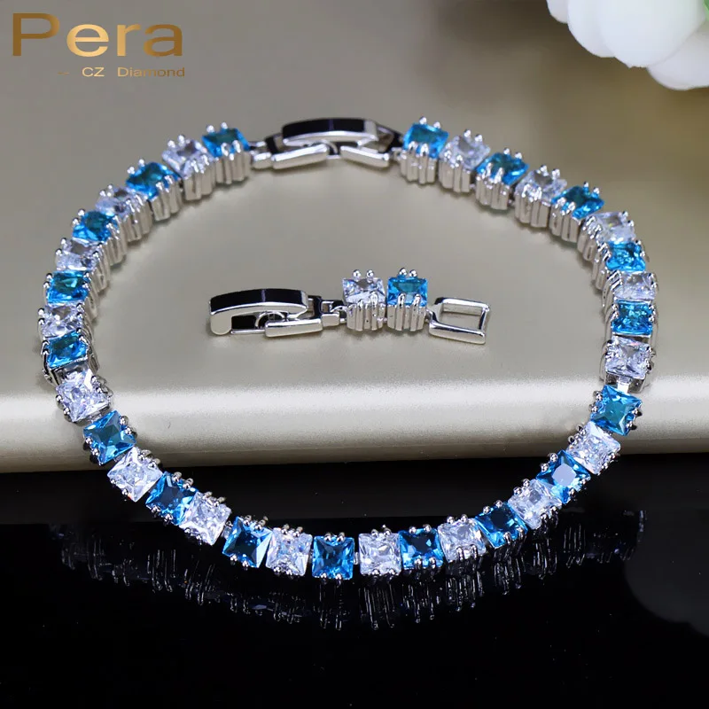 Pera Fashion Ladies Big Square Baguette Shape Cubic Zirconia Silver Color Light Blue Charm Bracelet for Women Party Jewelry B046