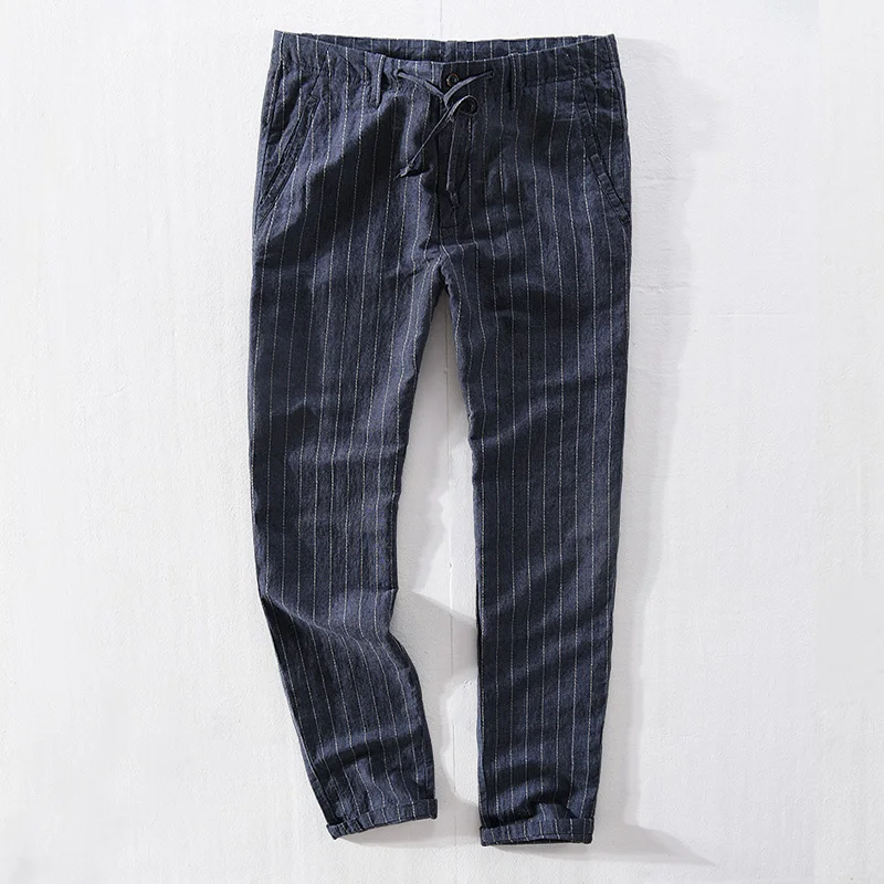 Suehaiwe's brand long pants men linen and cotton striped trousers men loose casual blue pants mens 30-40 size pantalones broek