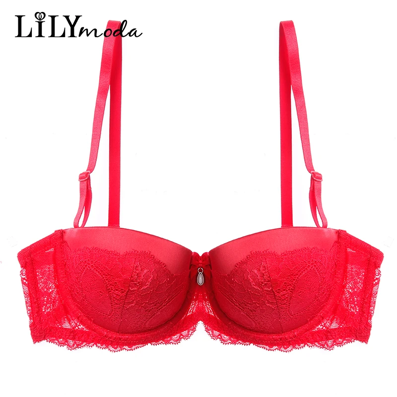 2018 Sexy Women Ladies Lace Strapless Brassiere Half Cup Push Up Pearl Decoration Hot Bra Red Female Lingerie Underwear Soft