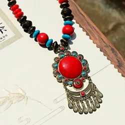 2023 Vintage Nepal Long Buddhist Stone Flower Pendant & Necklace For Women Boho Beads Tassel Wood Necklace Lucky Jewelry
