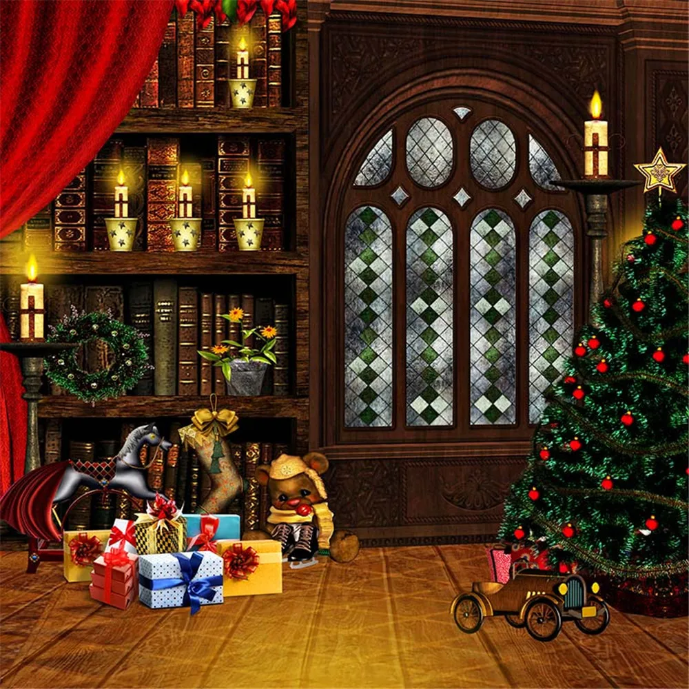 

Indoor Photography Backdrop Printed Christmas Tree Toy Bear Gifts Boxes Vintage Bookshelf Kids Children Photo Studio Backgrounds