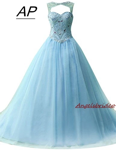 ANGELSBRIDEP Mint Green Quinceanera Dresses 15 Years Unique Neck Crystal Beading Bodice Full-Length Tulle Puffly Debutante Gowns