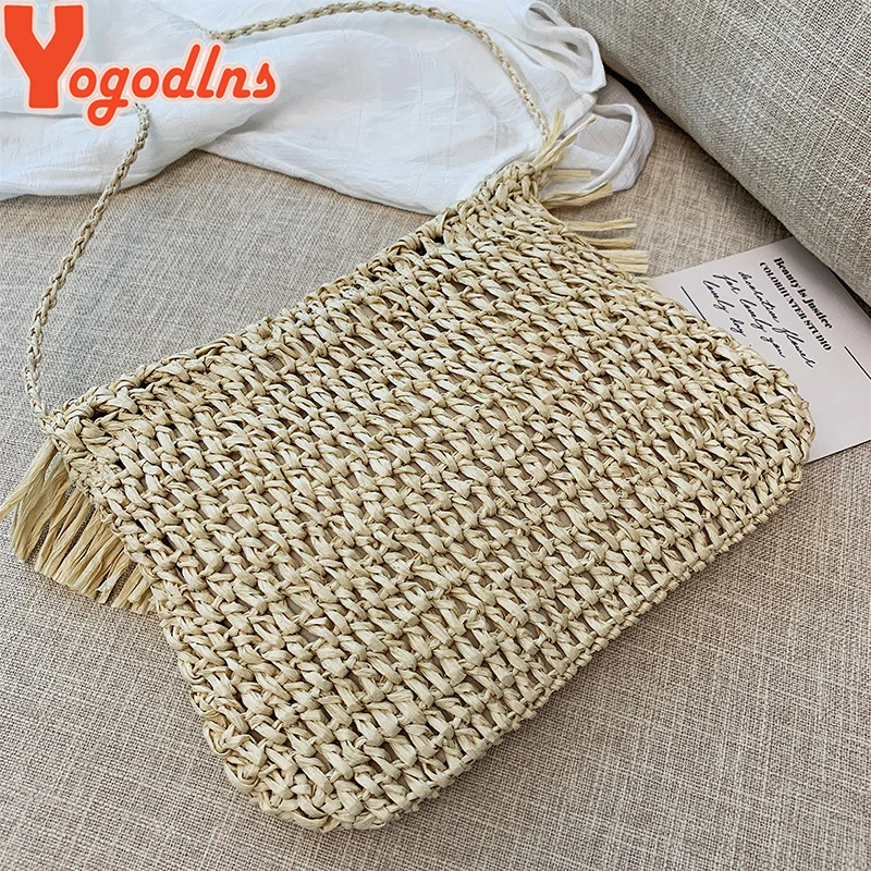 Yogodlns Newest Hot Summer Women Tassels Straw Rattan Wicker Weave Shoulder Bags Handbag Flap Ladies Holiday Beach Crossbody Bag