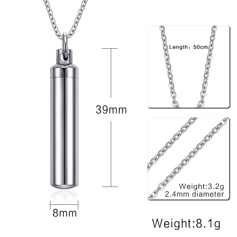 Men Woman Capsule Pendant Necklace in Open Cylindrical Pendants Stainless Steel Remembrance Jewelry Pill Filler Kit with funnel