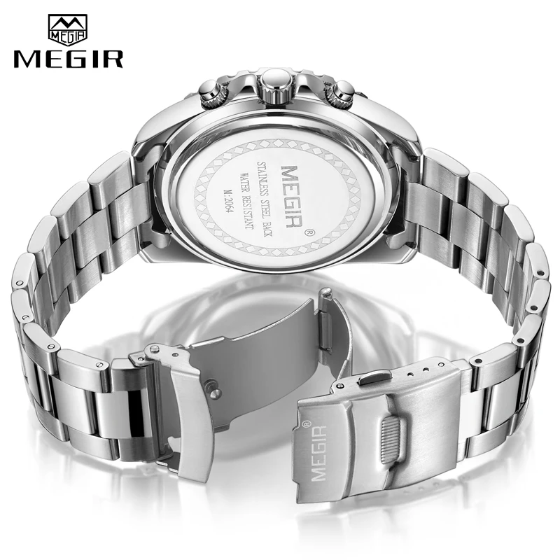 Top Brand MEGIR Men Quartz Watch Silver Steel Business Clock Chronograph Waterproof Mens Sports Watches Luxury Men\'s Wrist Watch