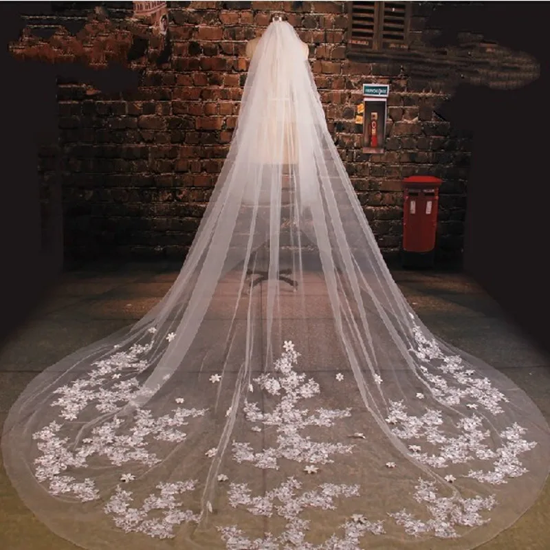 3M 1L New Custom Made Wedding Veils Lace Appliqued  White Ivory Cathedral Length Bridal Free Comb Accessories Veil