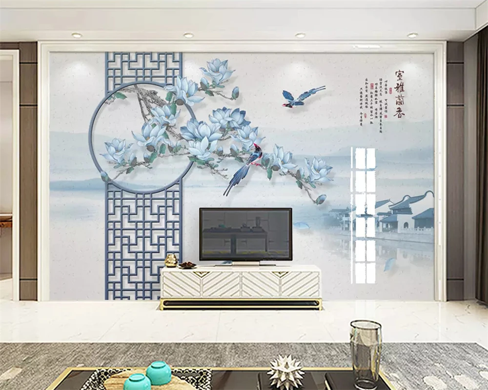 

beibehang Custom wallpaper Nordic new Chinese cyan magnolia TV bedroom living room background papel de parede 3d papier peint