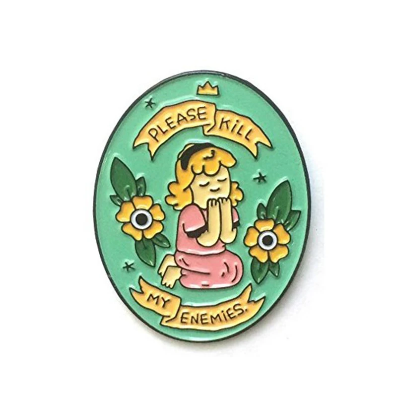 Please kill my enemies brooch cute praying girl pins flower badge spirit power jewelry