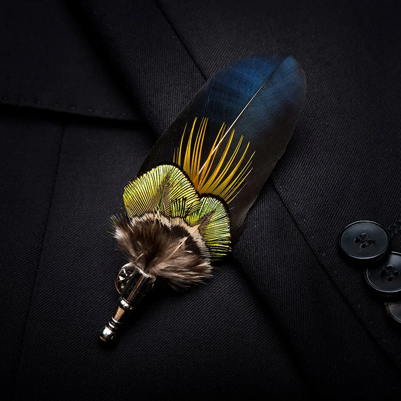 JEMYGINS 100% feather brooch leaf men and women jewelry bow tie set high quality peacock pin wedding show party