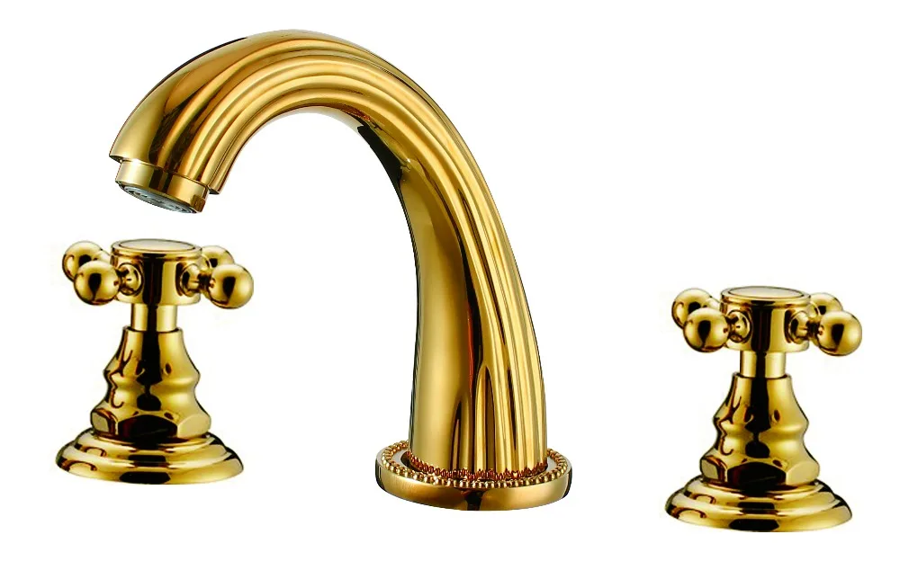 

Free ship New Modern 3 Pcs 8" Widespread Bathroom Sink Faucet mixer tap gold clour with Cross handles