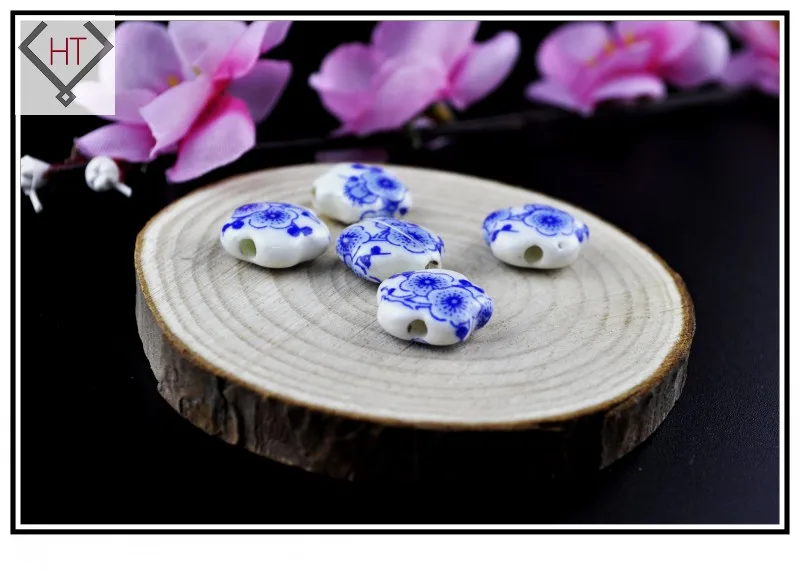 

Hand Painted Porcelain Ceramic Beads 100pcs Handcrafted Loose Ceramic Beads /15mm Blue Plum Blossom Beads Jewelry Findings