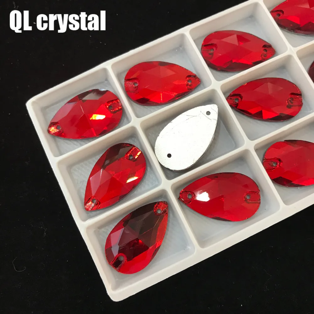 QL Crystal 2018 popular  Red Drops Sew On Crystals for Craft Sewing On Rhinestone 2 Holes DIY Garment Dress Making